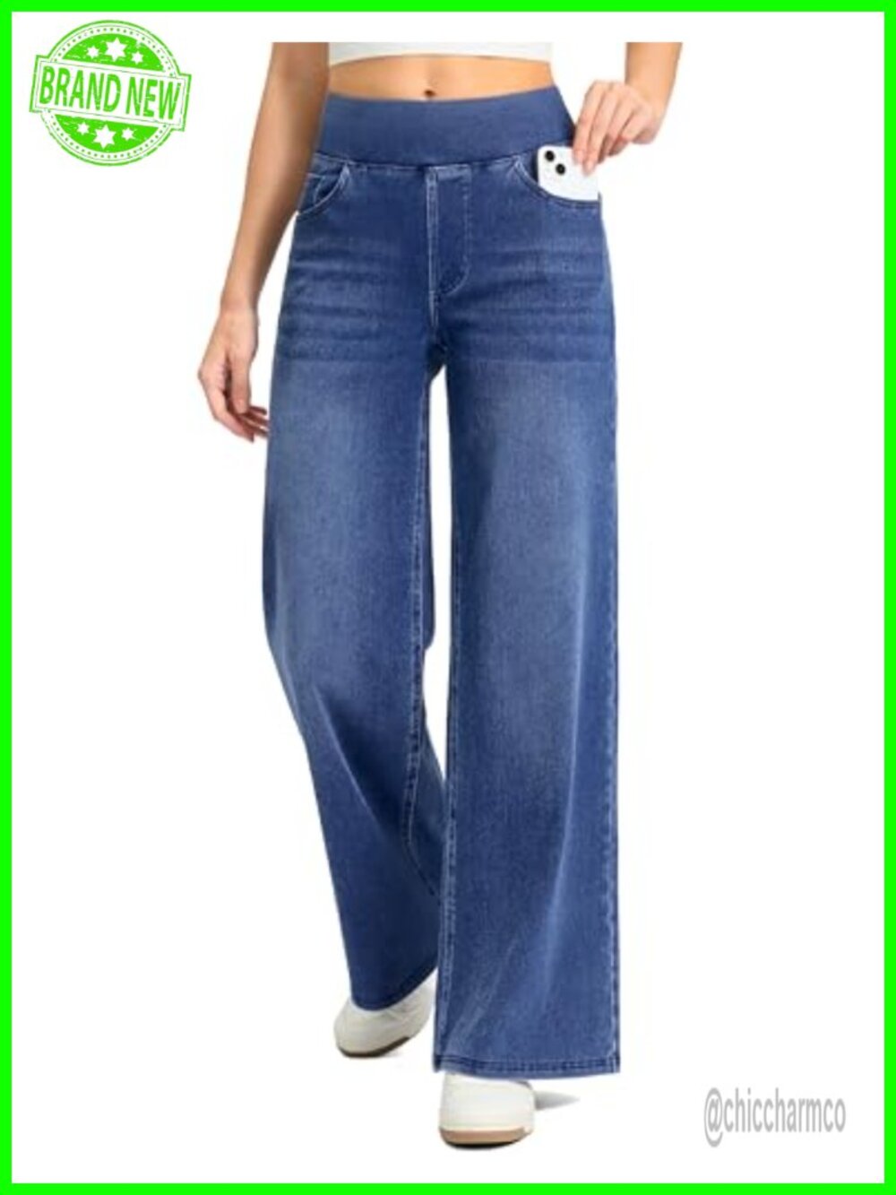 Wide Leg High Waisted Pull On Jeans Stretchy Denim Pants